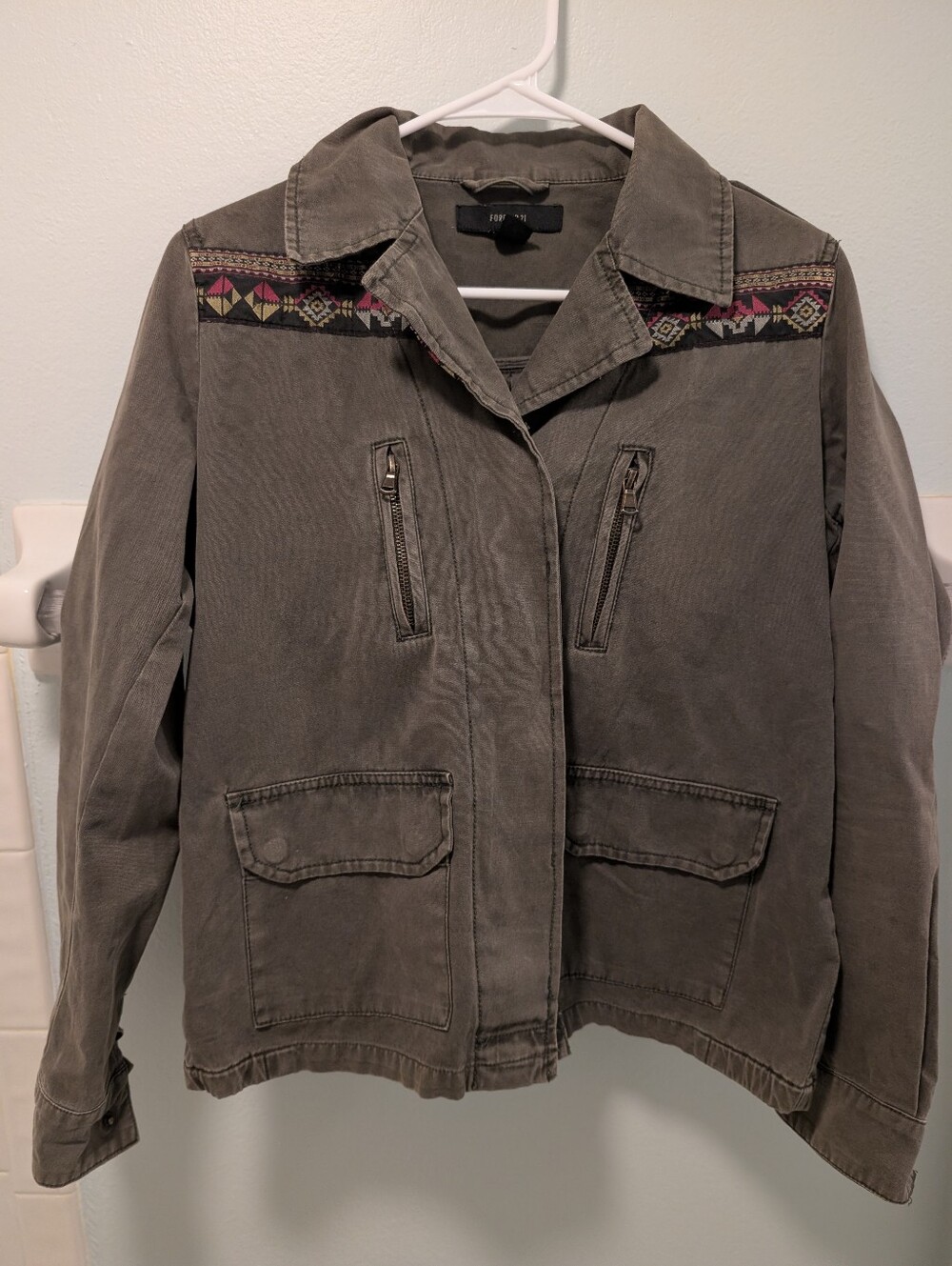 Forever 21 Women’s Olive Utility Jacket with Embroidered Yoke